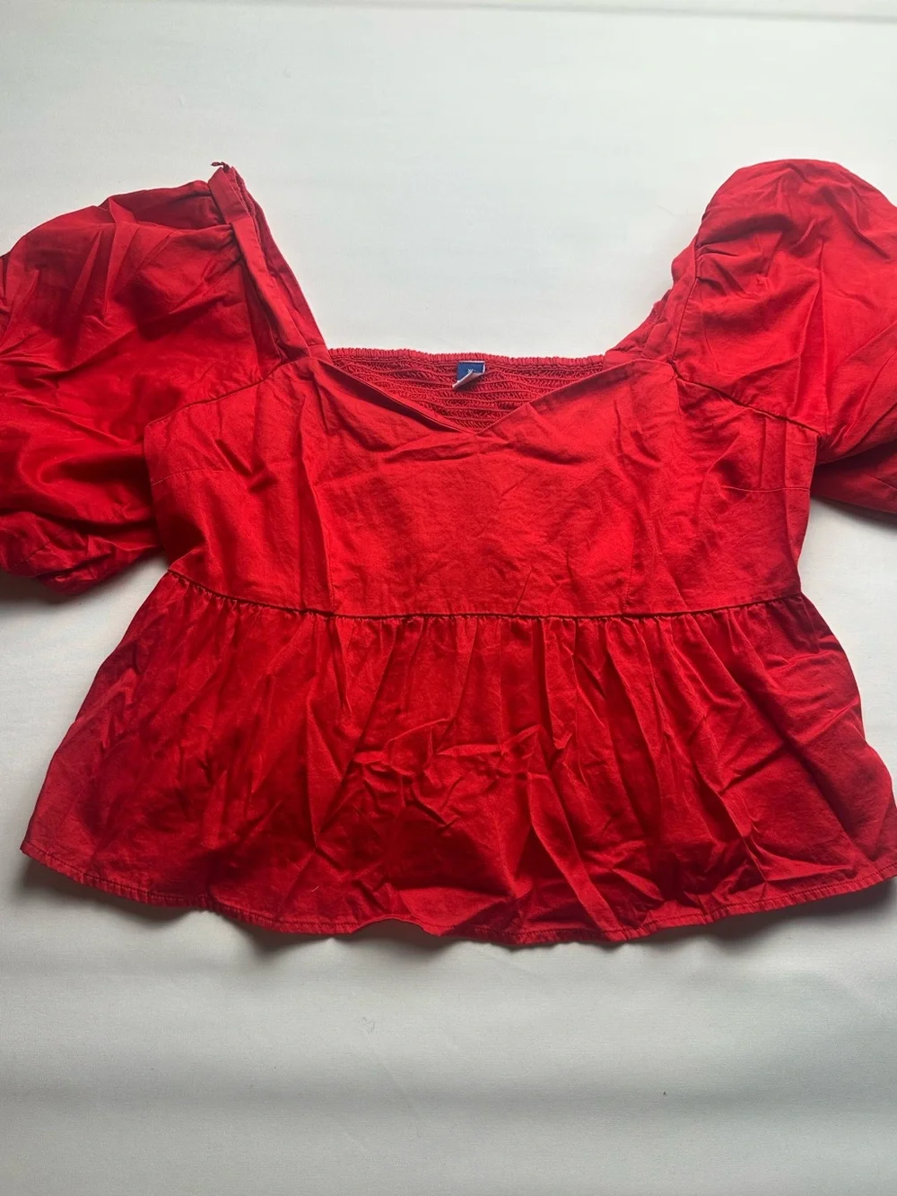 2 Old Navy Puff Sleeve Peplum Tops- Red and green blue checkered.